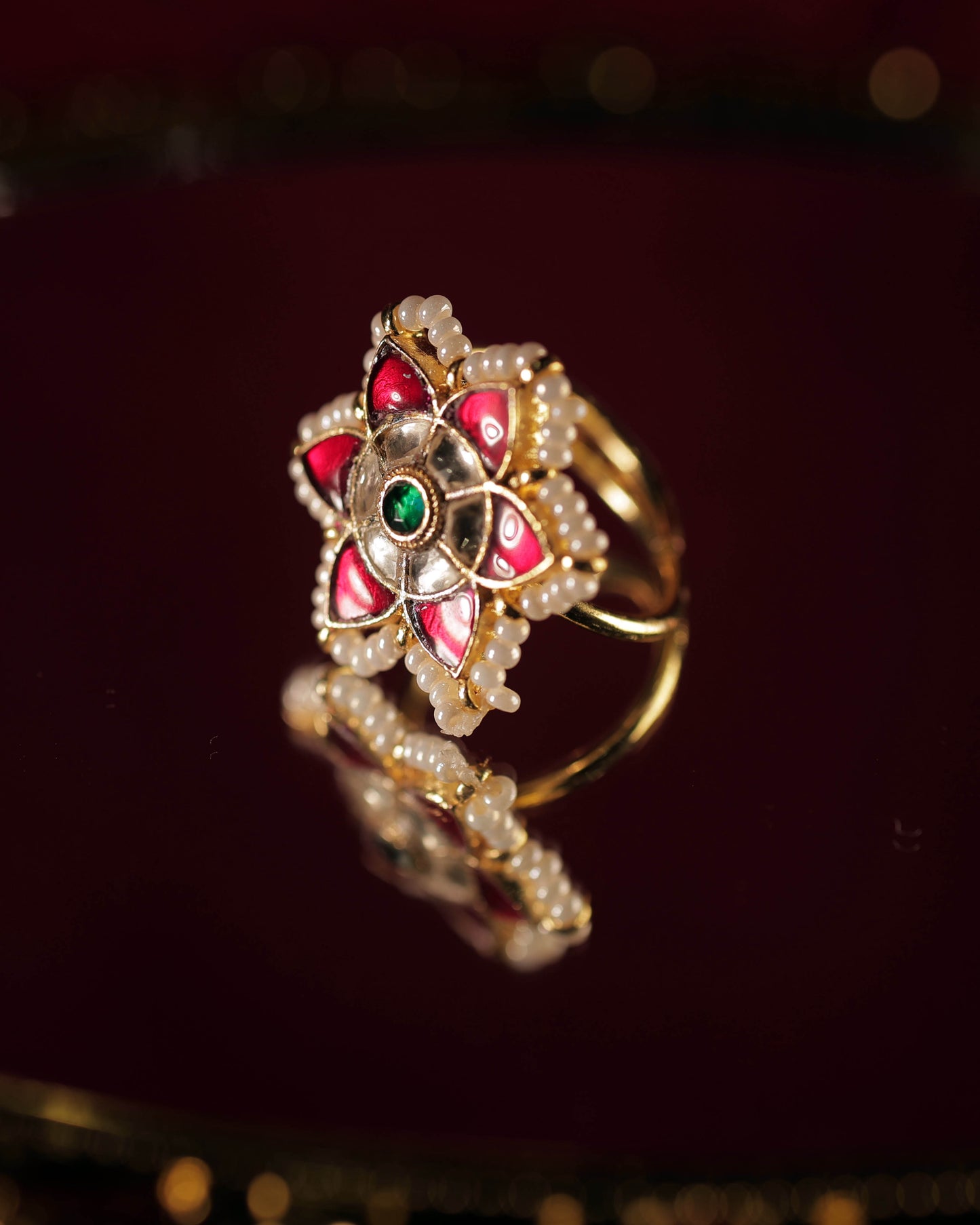 Multi Color Gold Plated Jadau Kundan Ring - R123MC