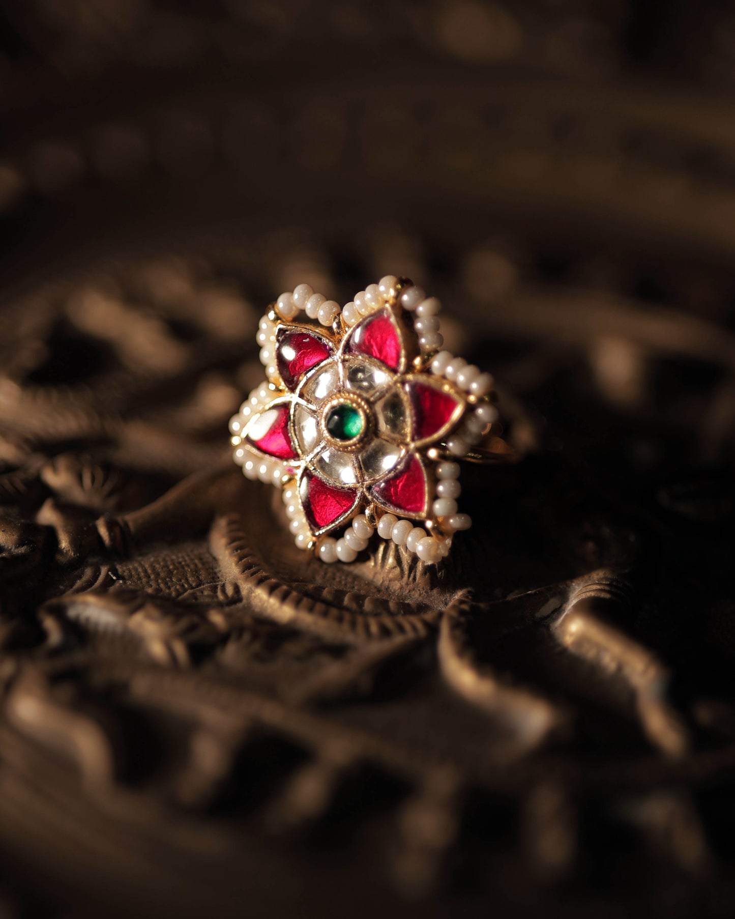 Multi Color Gold Plated Jadau Kundan Ring - R123MC
