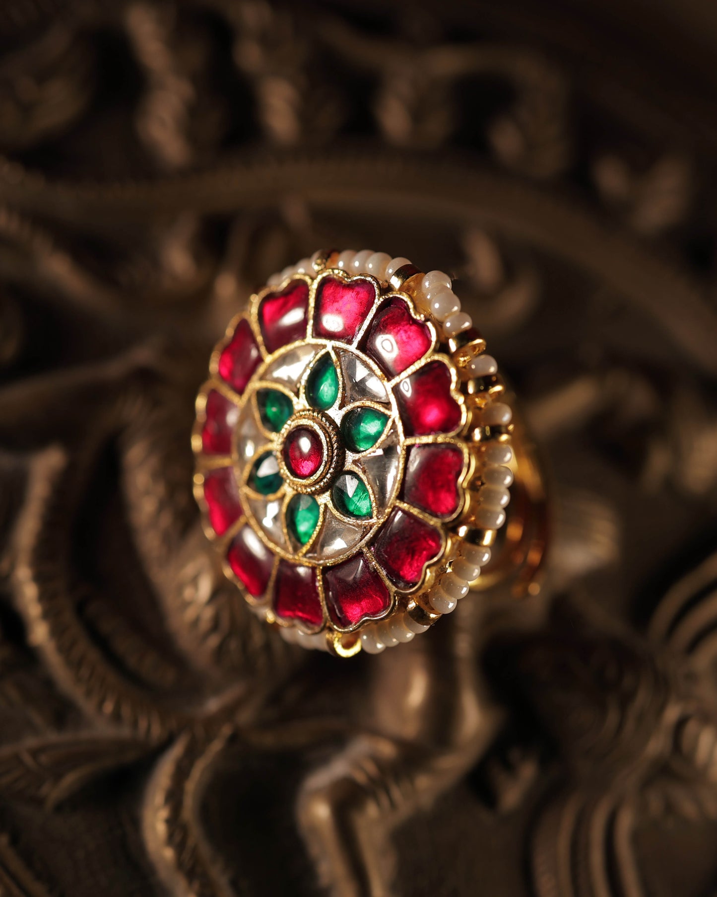 Multi Color Gold Plated Jadau Kundan Ring - R124MC