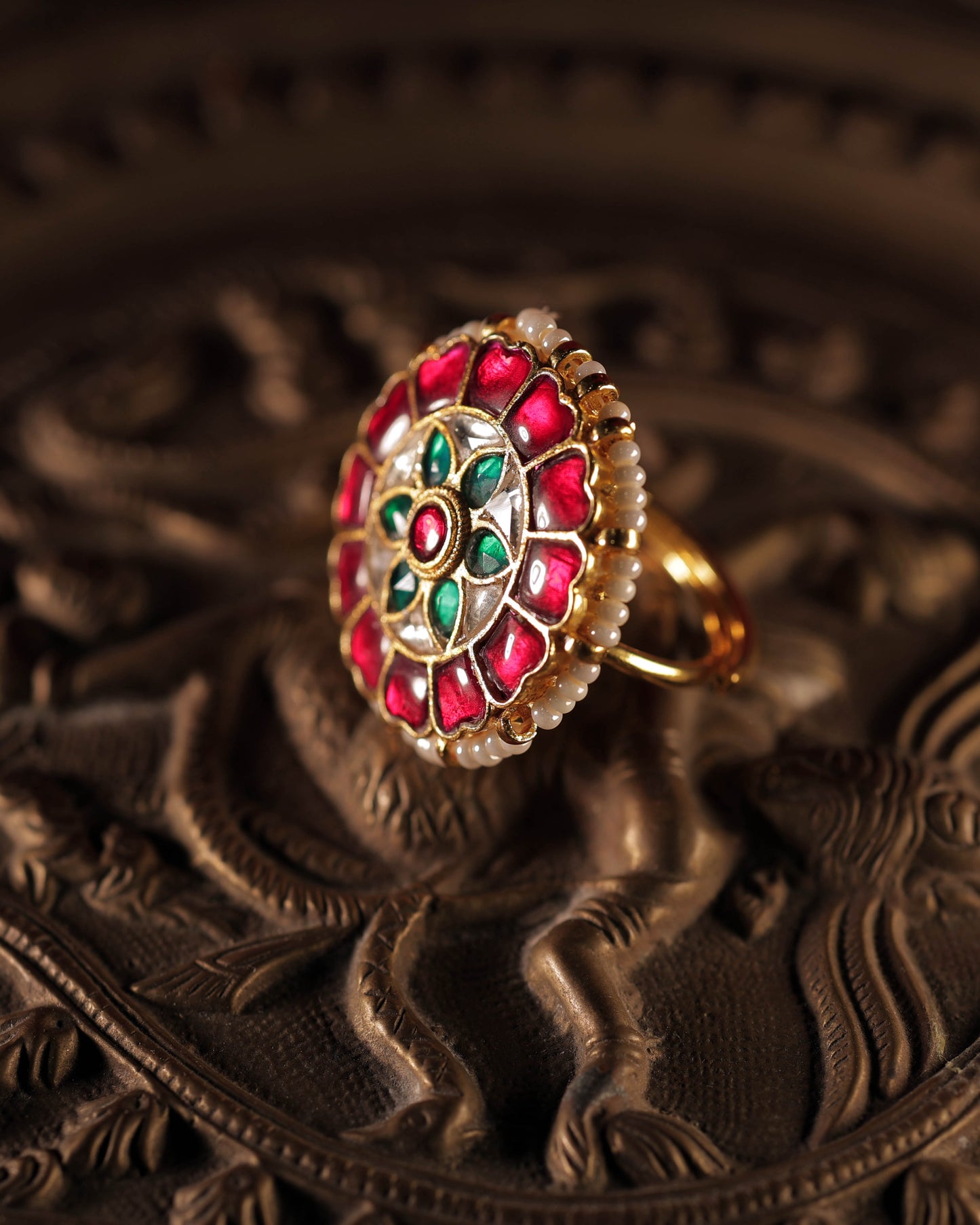 Multi Color Gold Plated Jadau Kundan Ring - R124MC