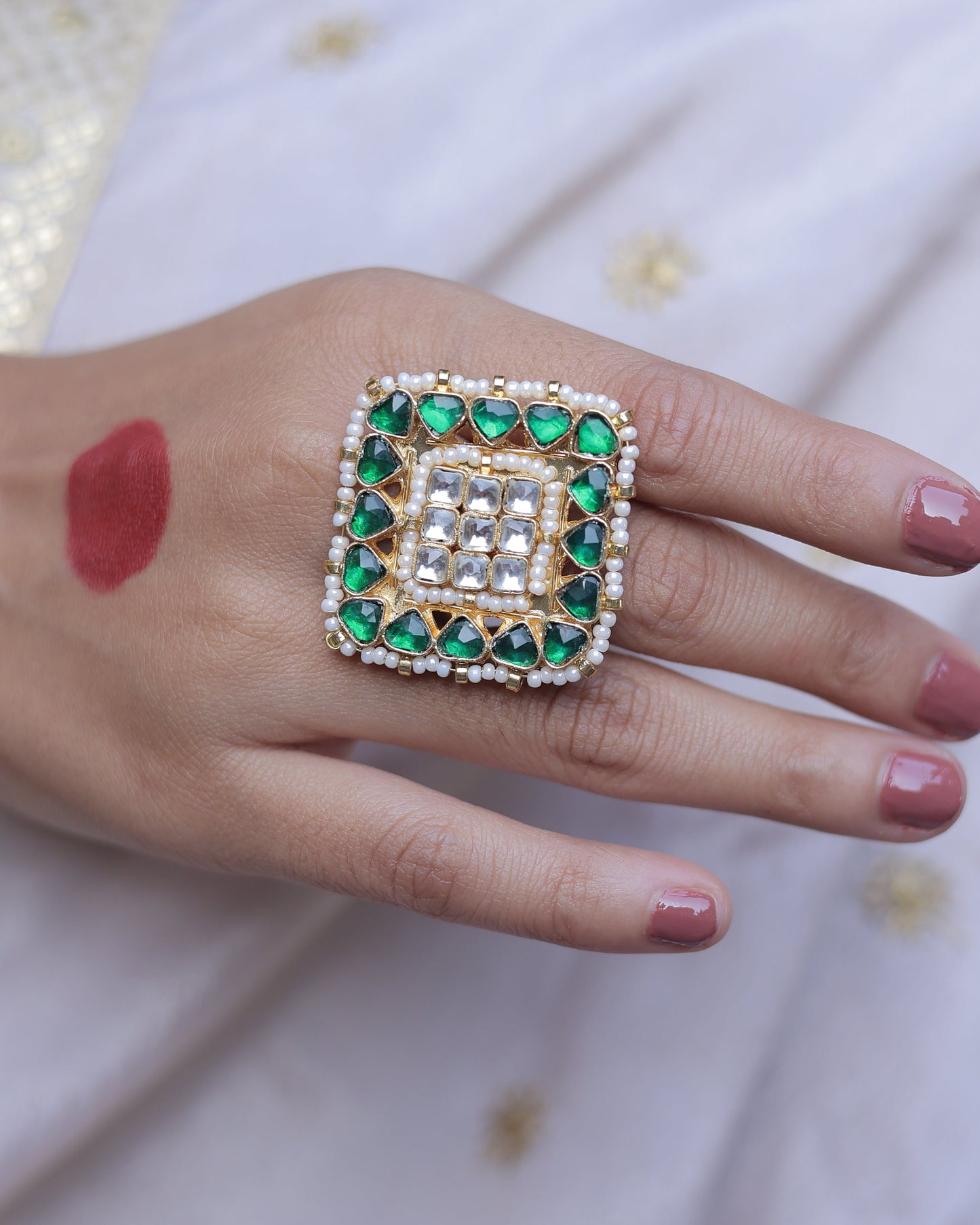 Green And White Color Gold Plated Jadau Kundan Ring - R125GW
