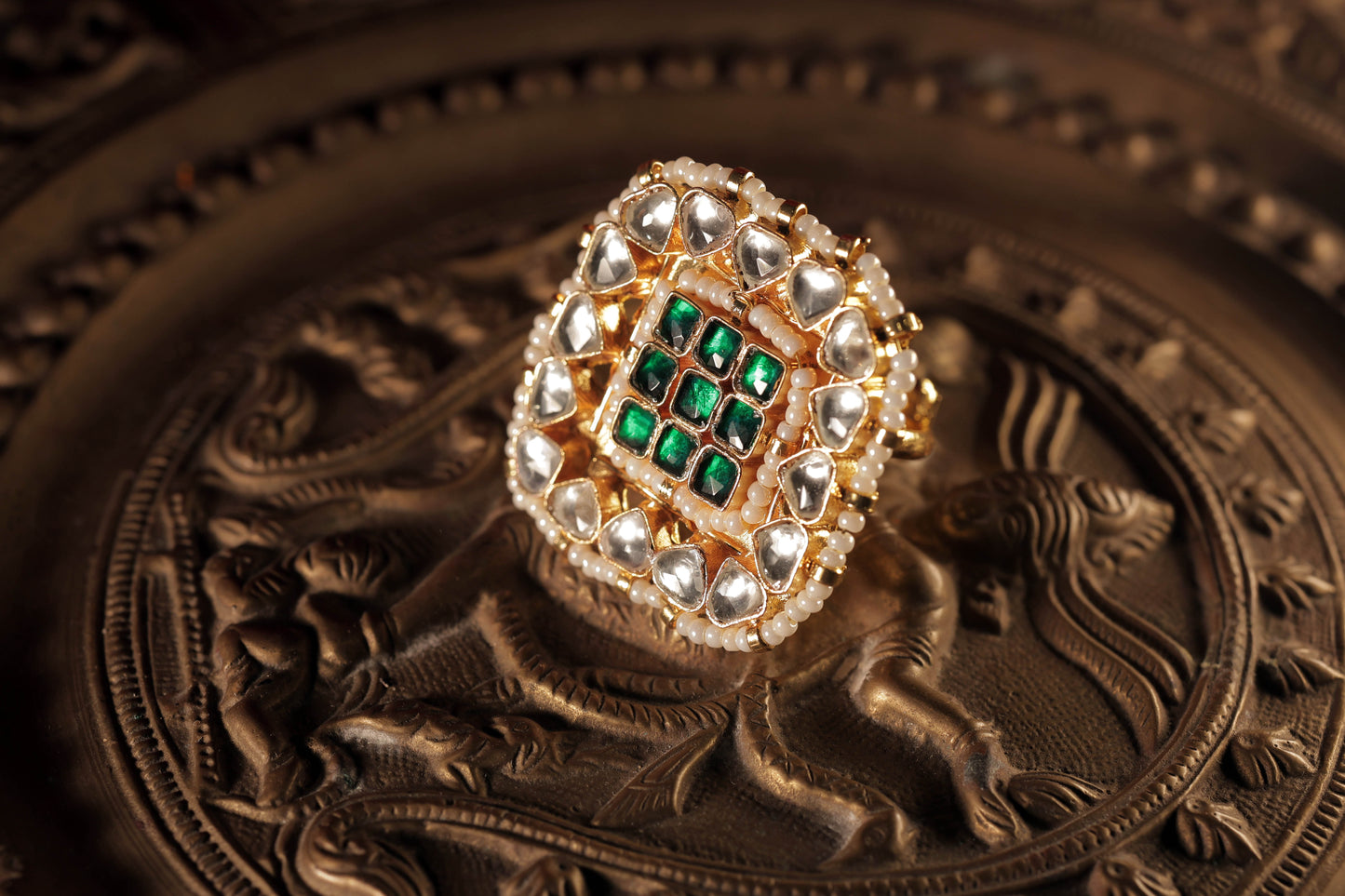 White And Green Color Gold Plated Jadau Kundan Ring - R125WG