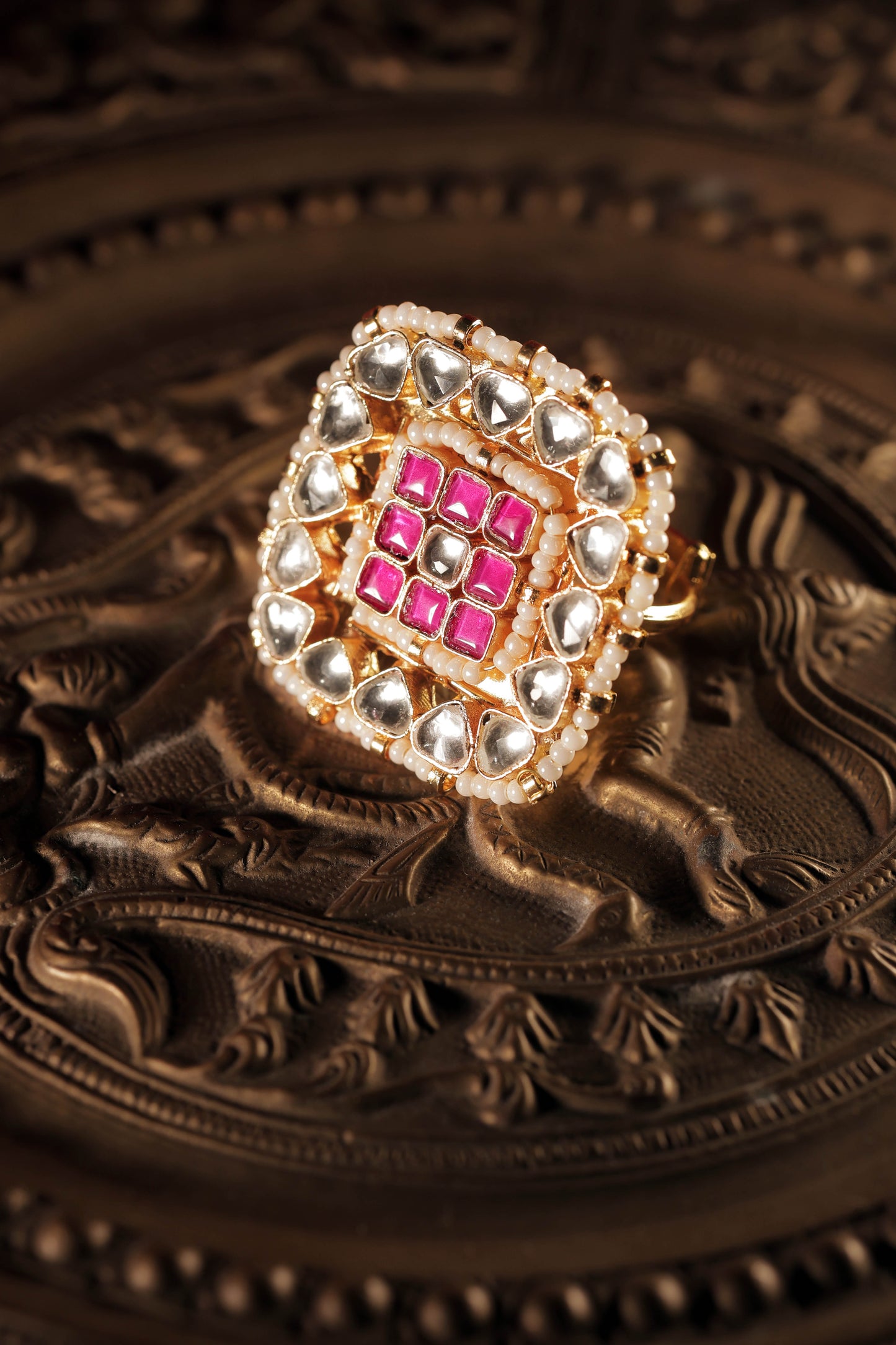 White Pink Color Gold Plated Jadau Kundan Ring - R125WP