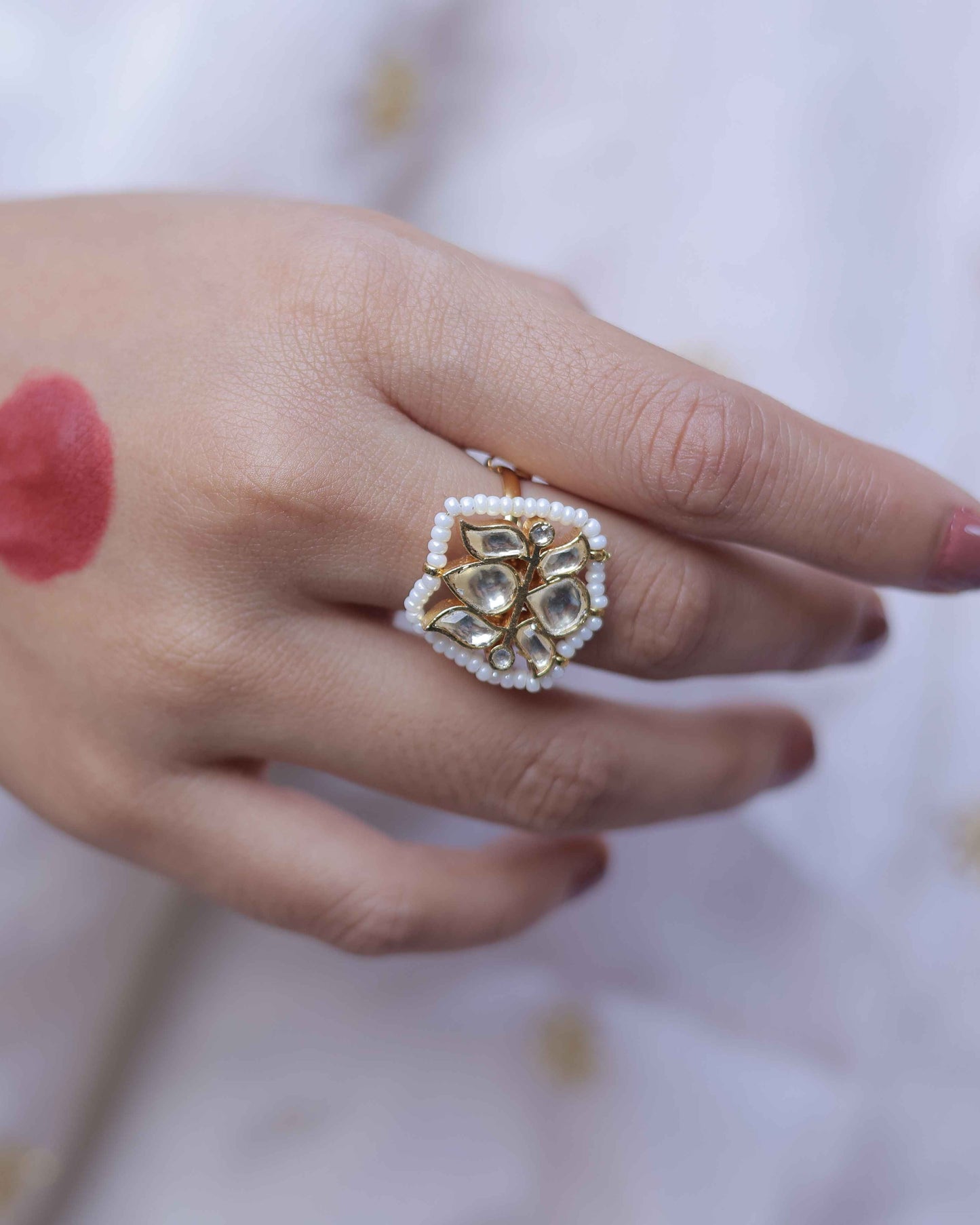 White Color Gold Plated Jadau Kundan Ring - R126W