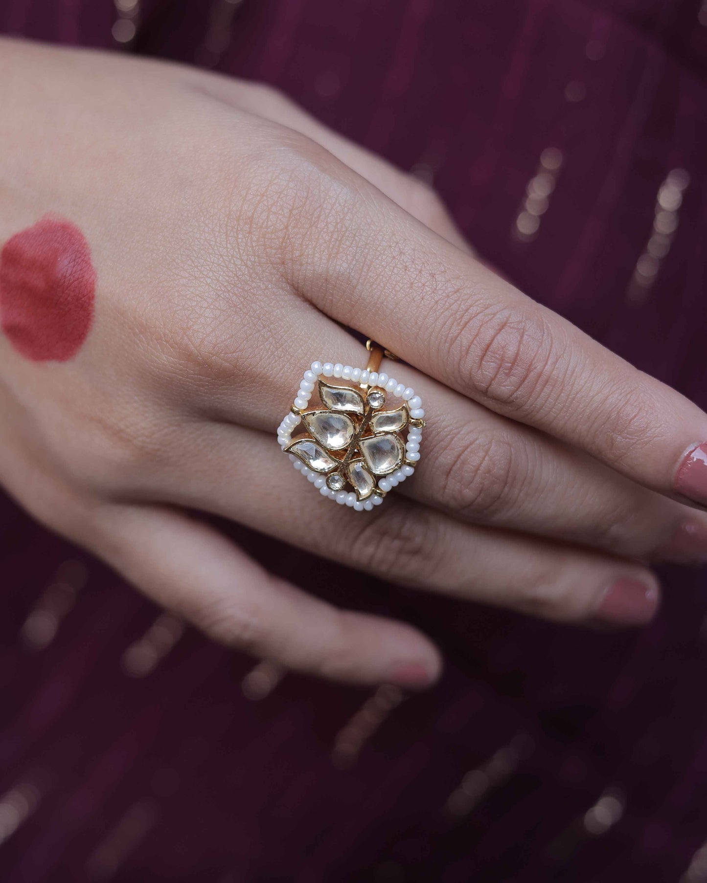 White Color Gold Plated Jadau Kundan Ring - R126W