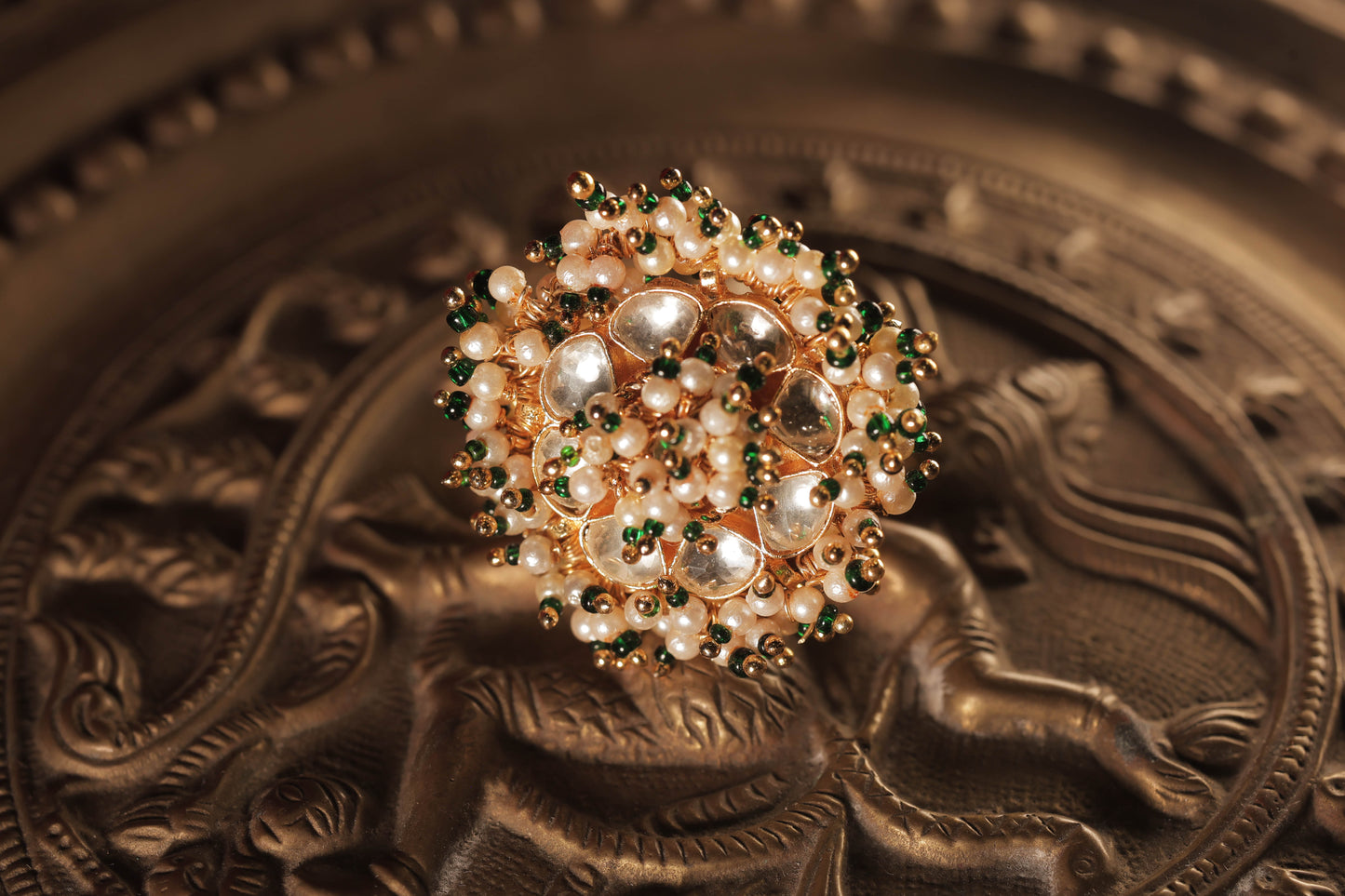 Green And White Color Gold Plated Jadau Kundan Ring - R127GW