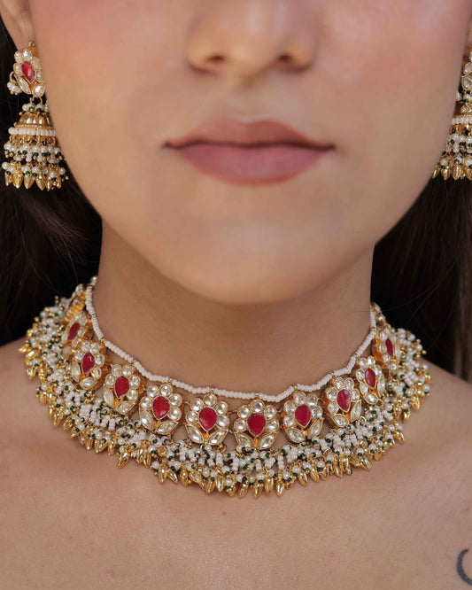 Pink Color Gold Plated Jadau Kundan Necklace Set - SET102P