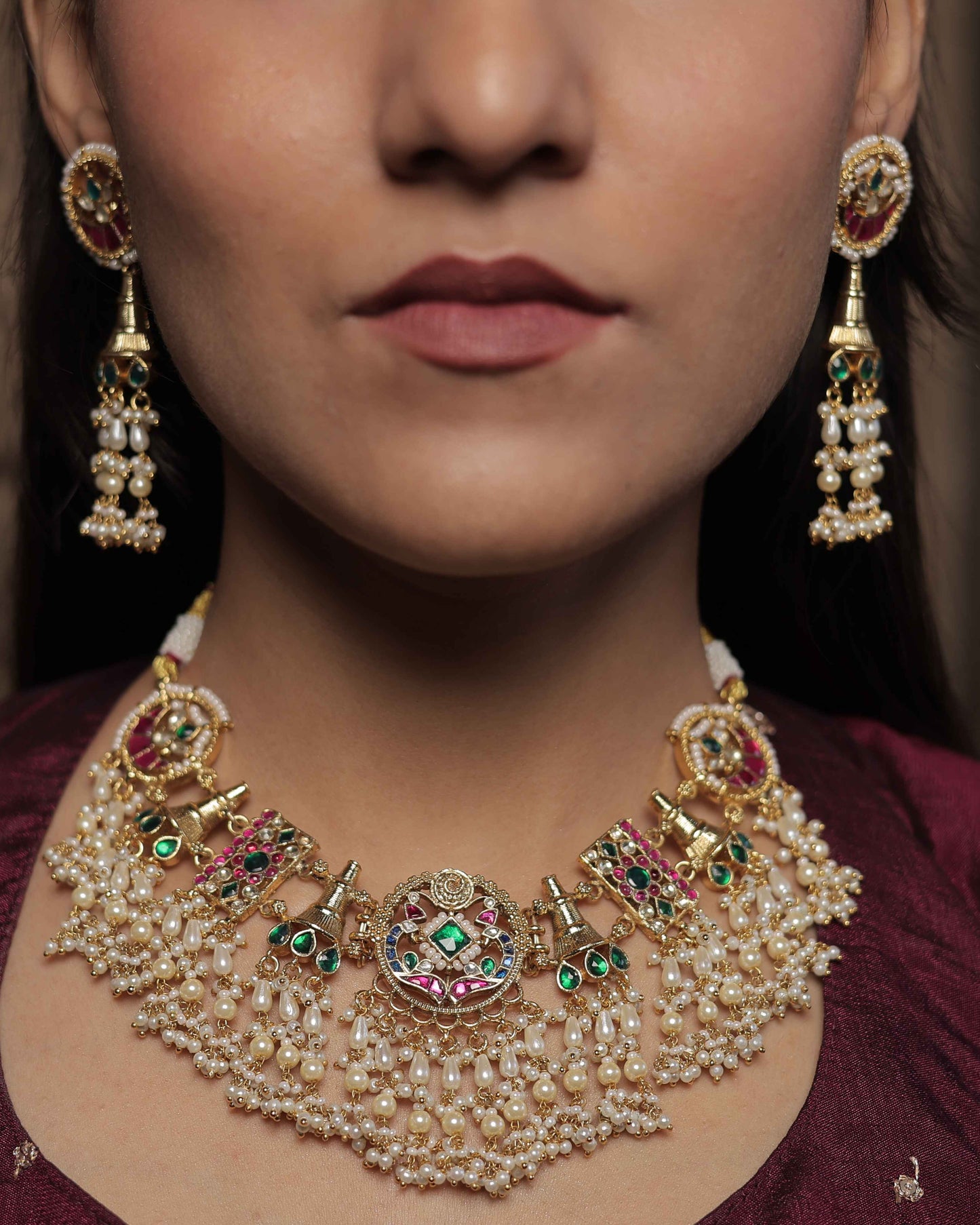 Multicolor Gold Plated Jadau Kundan Necklace Set - SET103MC