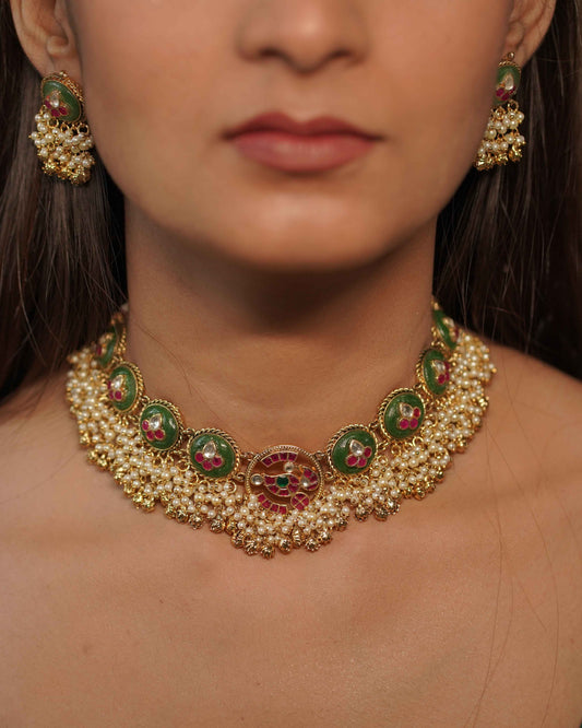 Multicolor Gold Plated Jadau Kundan Necklace Set - SET104MC