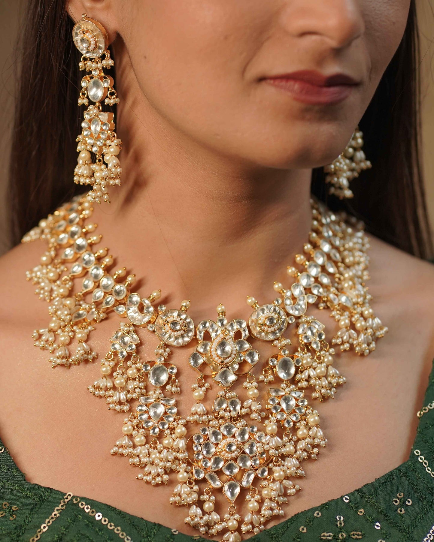 White Color Gold Plated Jadau Kundan Necklace Set - SET105W