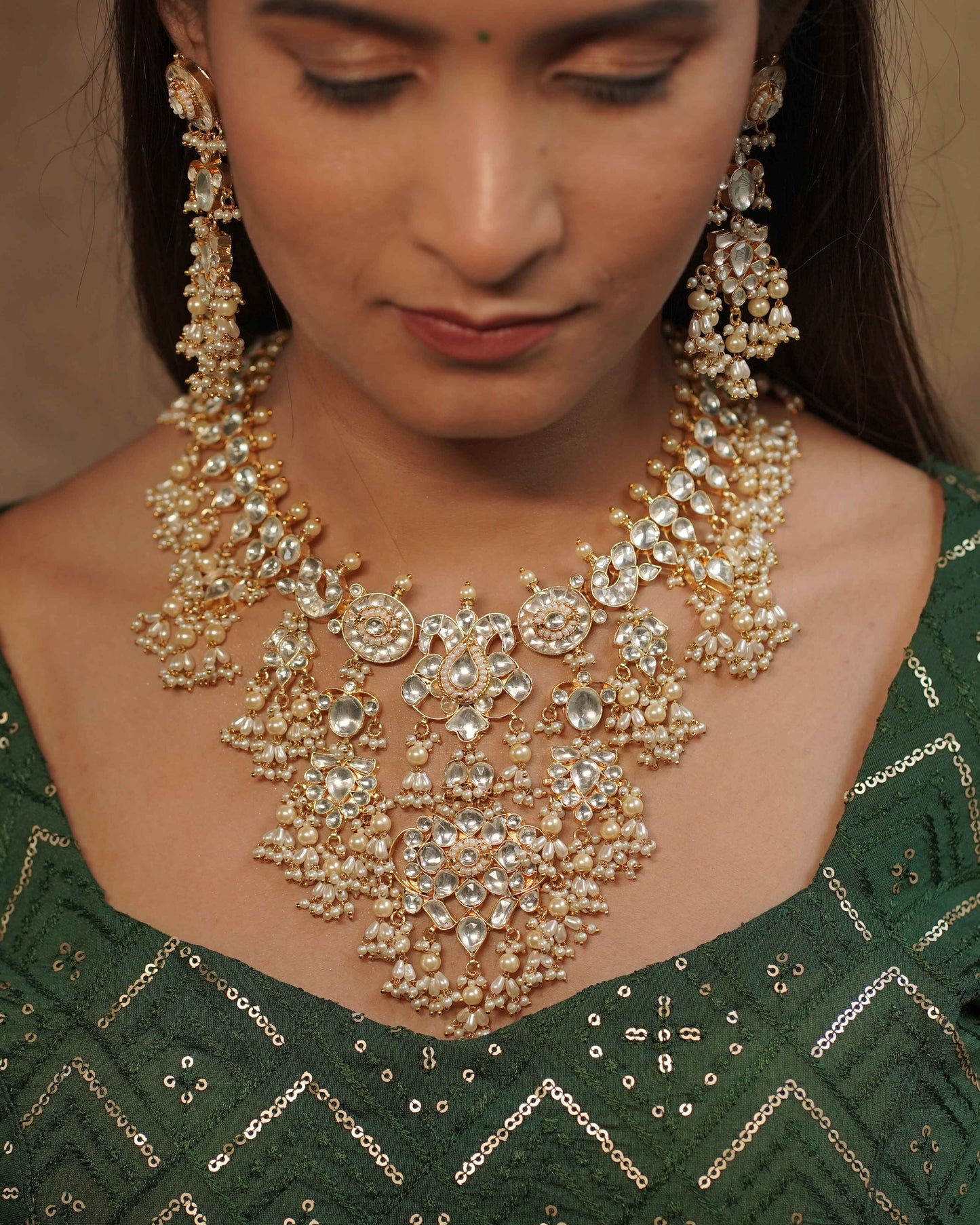 White Color Gold Plated Jadau Kundan Necklace Set - SET105W