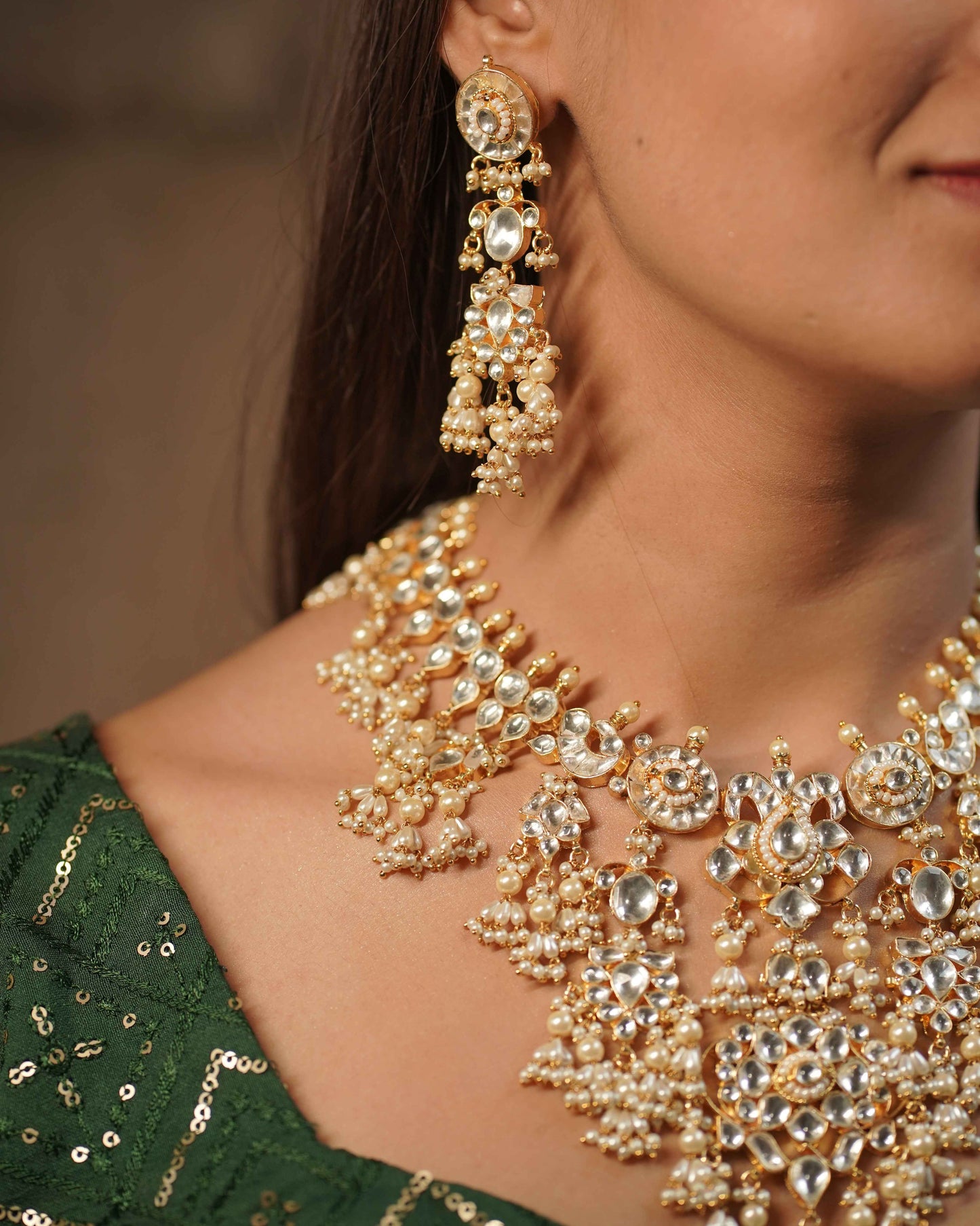 White Color Gold Plated Jadau Kundan Necklace Set - SET105W