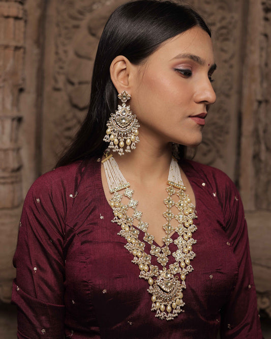 White Color Gold Plated Jadau Kundan Necklace Set - SET106W