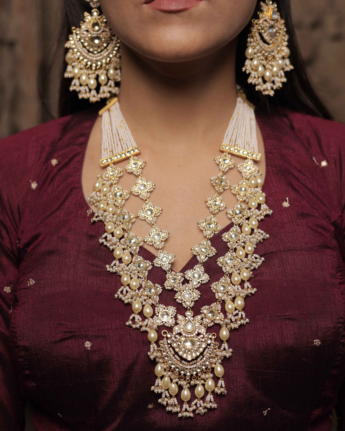 White Color Gold Plated Jadau Kundan Necklace Set - SET106W