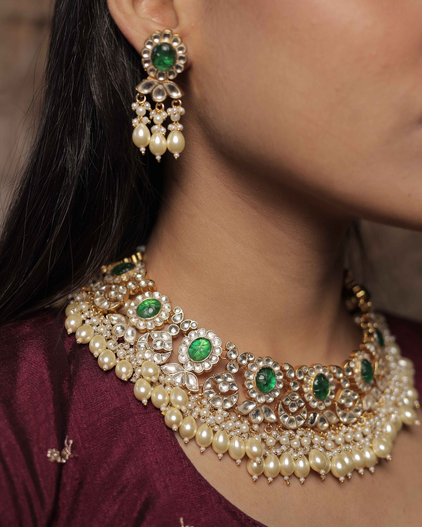 Green color Gold Plated Jadau Kundan Necklace Set - SET109G
