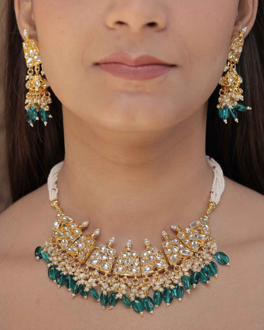 Turquoise Color Gold Plated Jadau Kundan Necklace Set - SET116G
