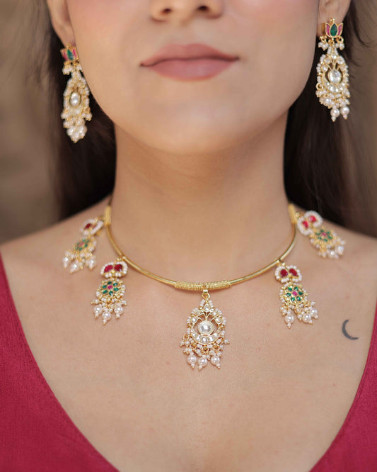 Multicolor Gold Plated Jadau Kundan Necklace Set - SET117MC
