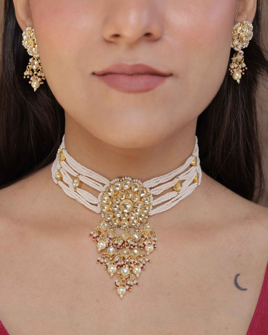 White Color Gold Plated Jadau Kundan Necklace Set - SET118W
