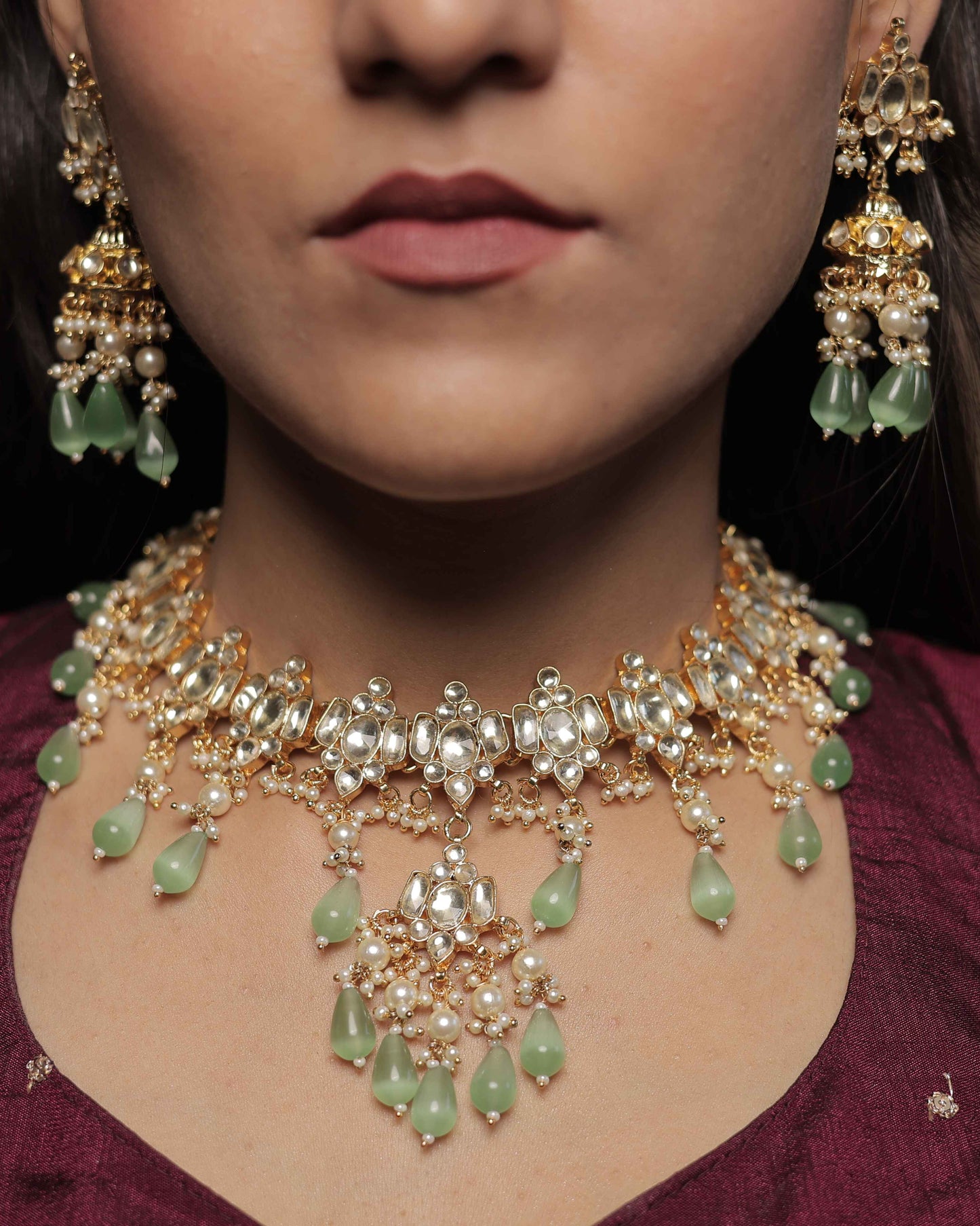 Fluorite Color Gold Plated Jadau Kundan Necklace Set - SET120FL