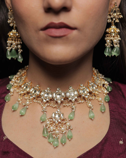 Fluorite Color Gold Plated Jadau Kundan Necklace Set - SET120FL