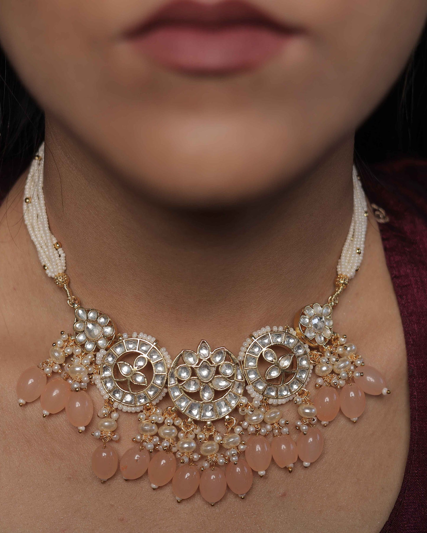 Peach color Gold Plated Jadau Kundan Necklace Set - SET122LP