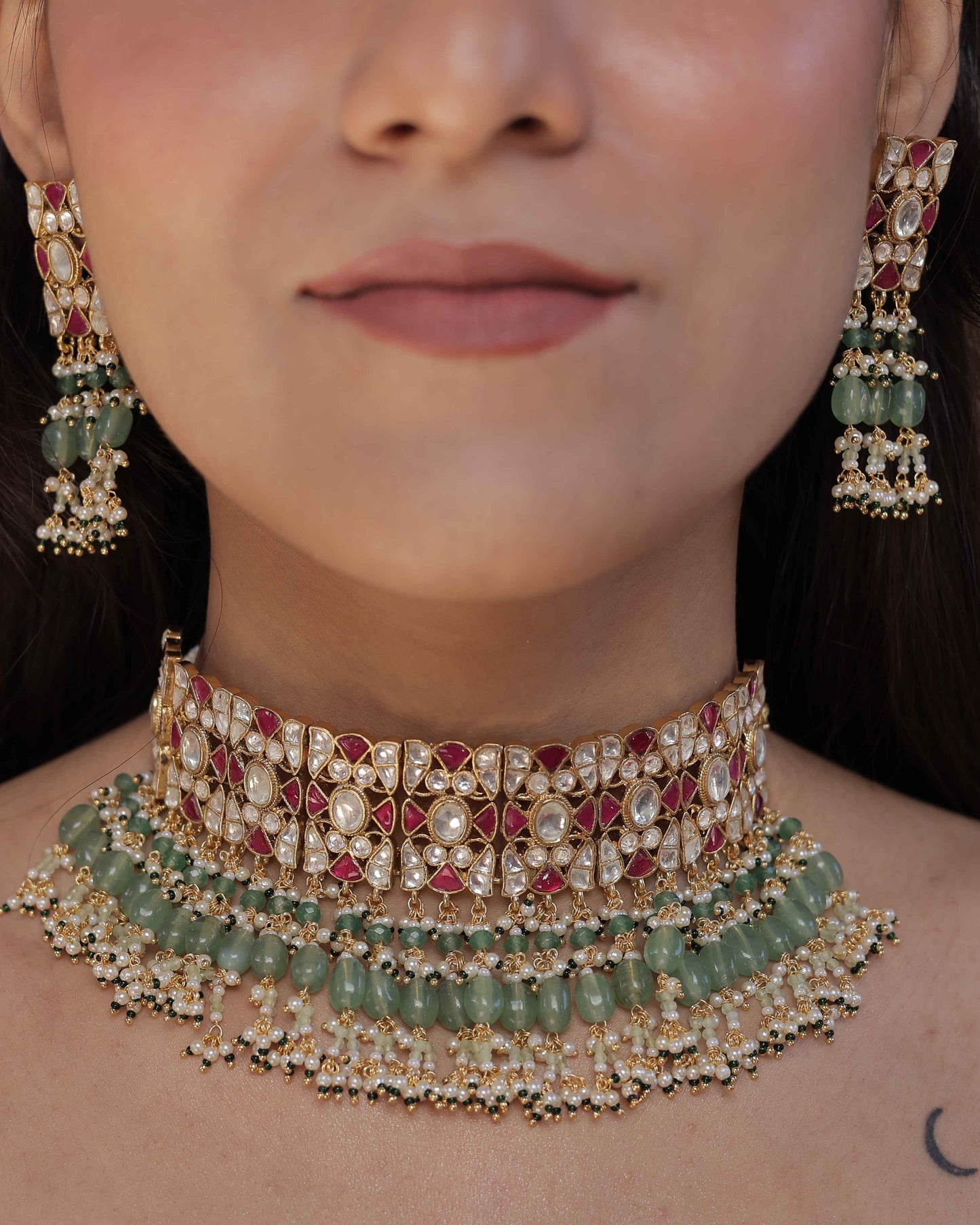 MultiColor Gold Plated Jadau Kundan Necklace Set - SET127MC