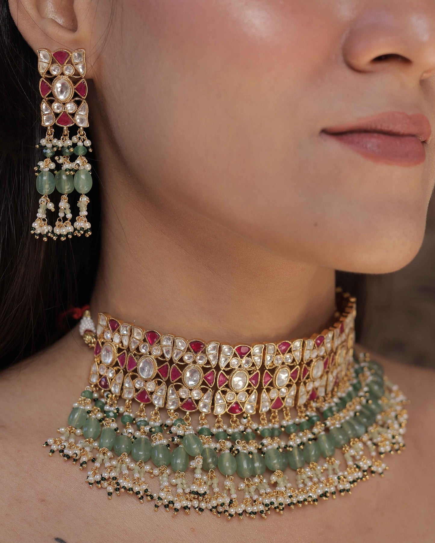 MultiColor Gold Plated Jadau Kundan Necklace Set - SET127MC