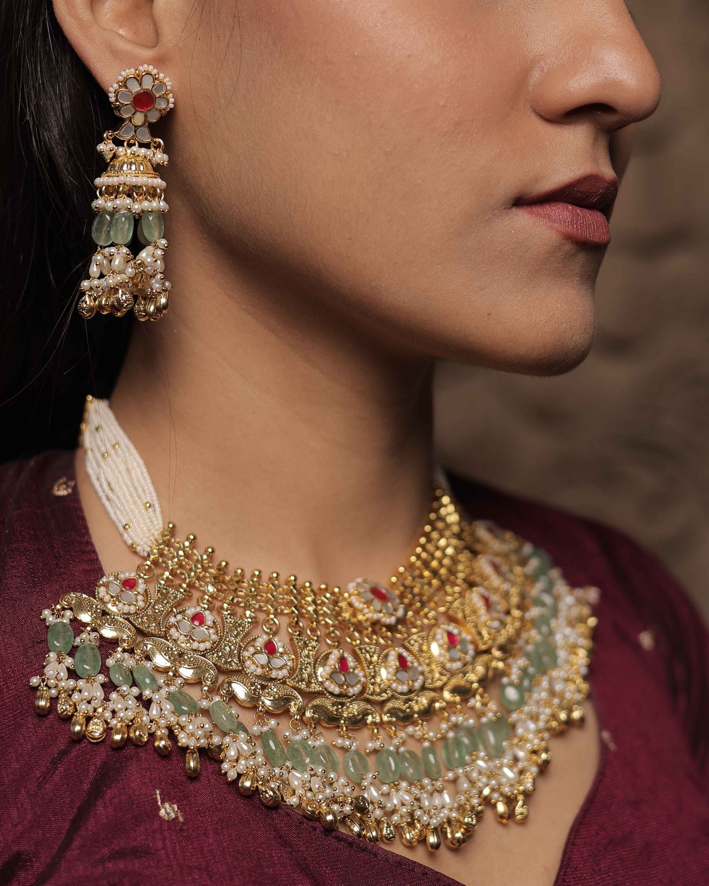 Multicolor Gold Plated Jadau Kundan Necklace Set - SET128MC