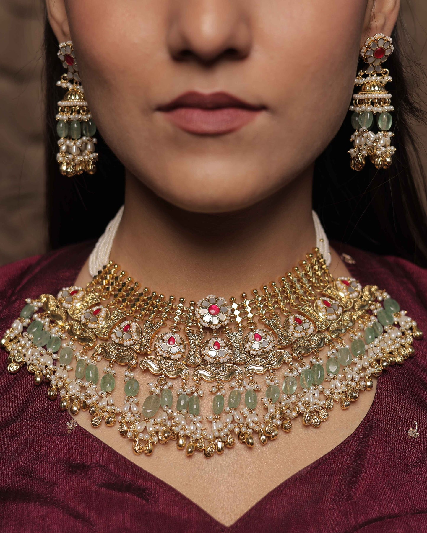 Multicolor Gold Plated Jadau Kundan Necklace Set - SET128MC