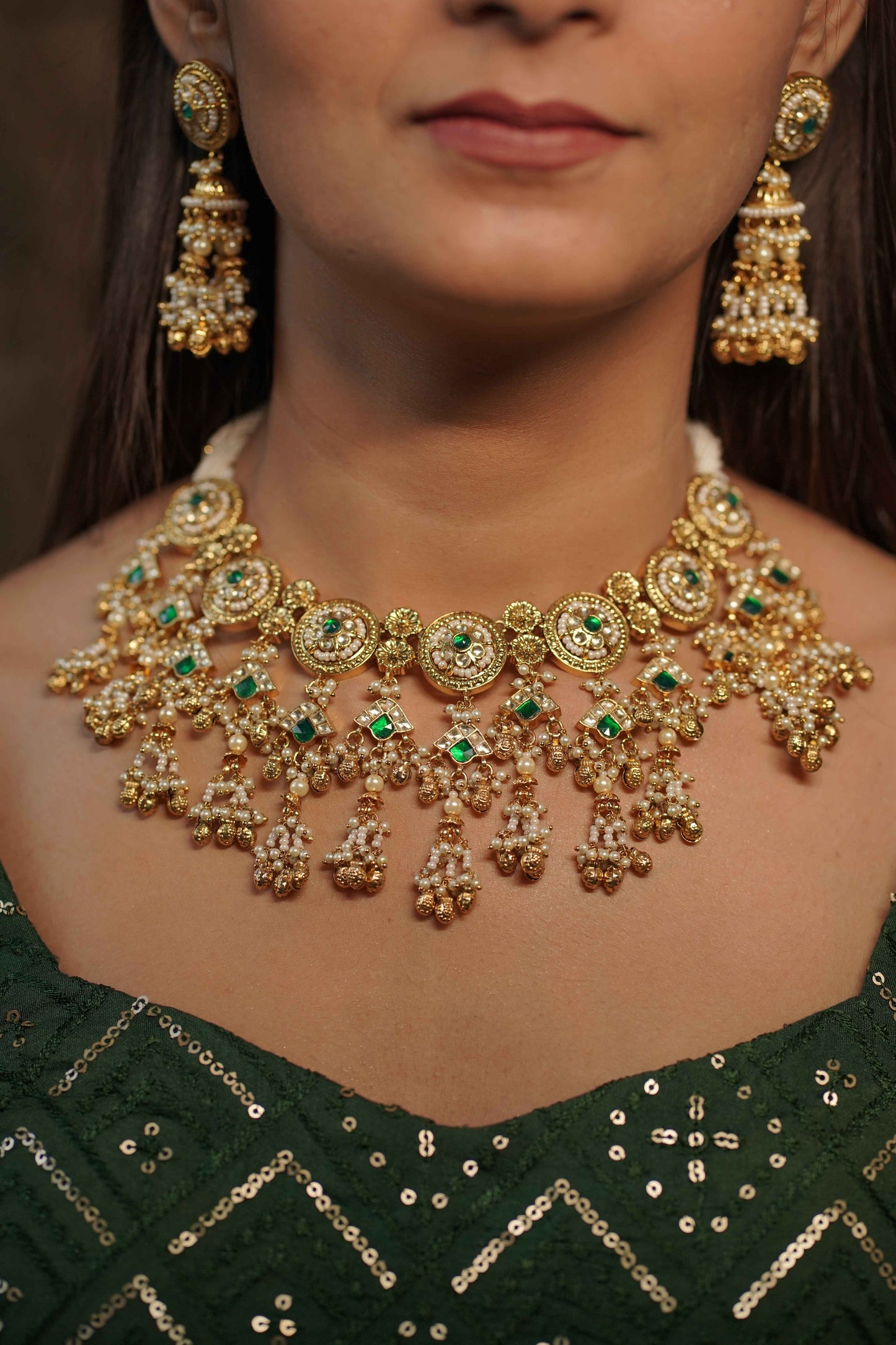 Green Color Gold Plated Jadau Kundan Necklace Set - SET129GR