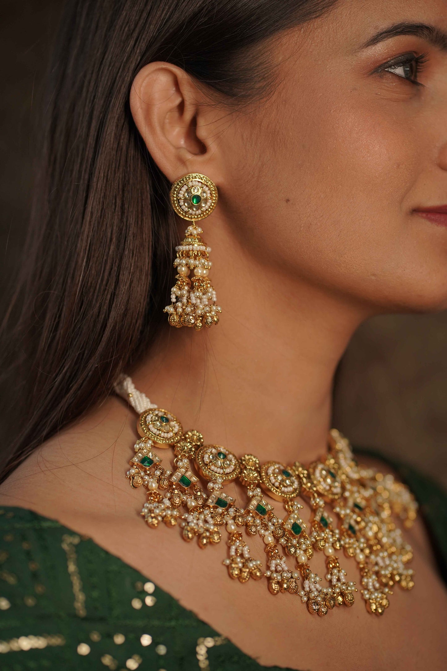 Green Color Gold Plated Jadau Kundan Necklace Set - SET129GR