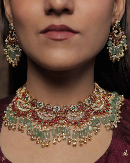 MultiColor Gold Plated Jadau Kundan Necklace Set - SET130MC