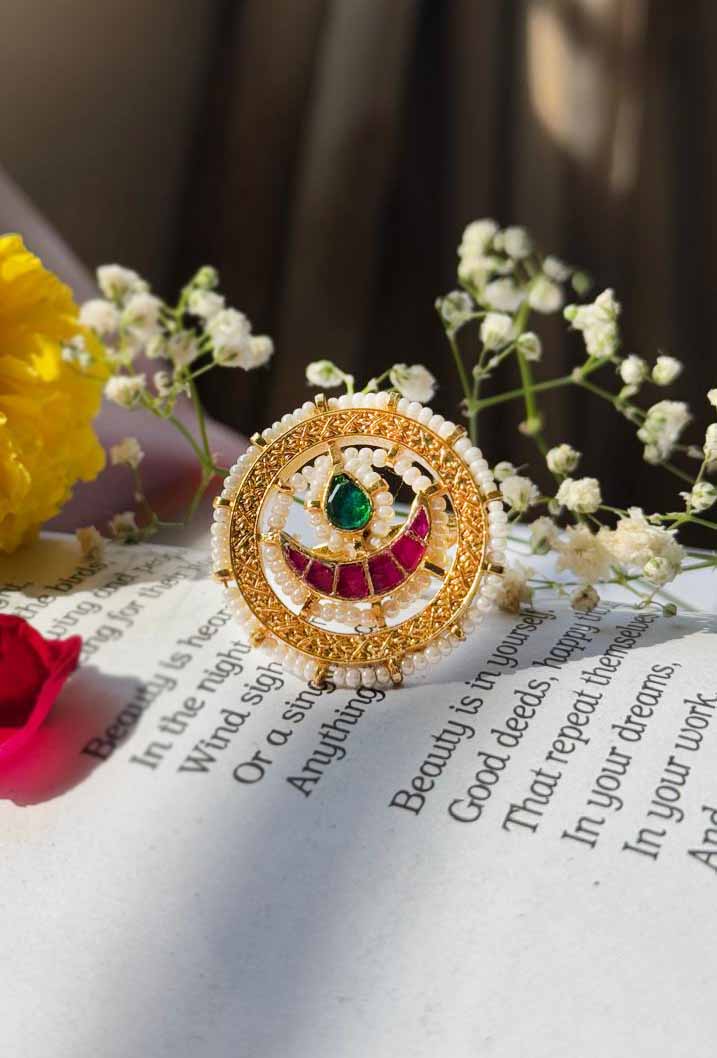 Multicolor Gold Plated Jadau Kundan Ring- R101MC