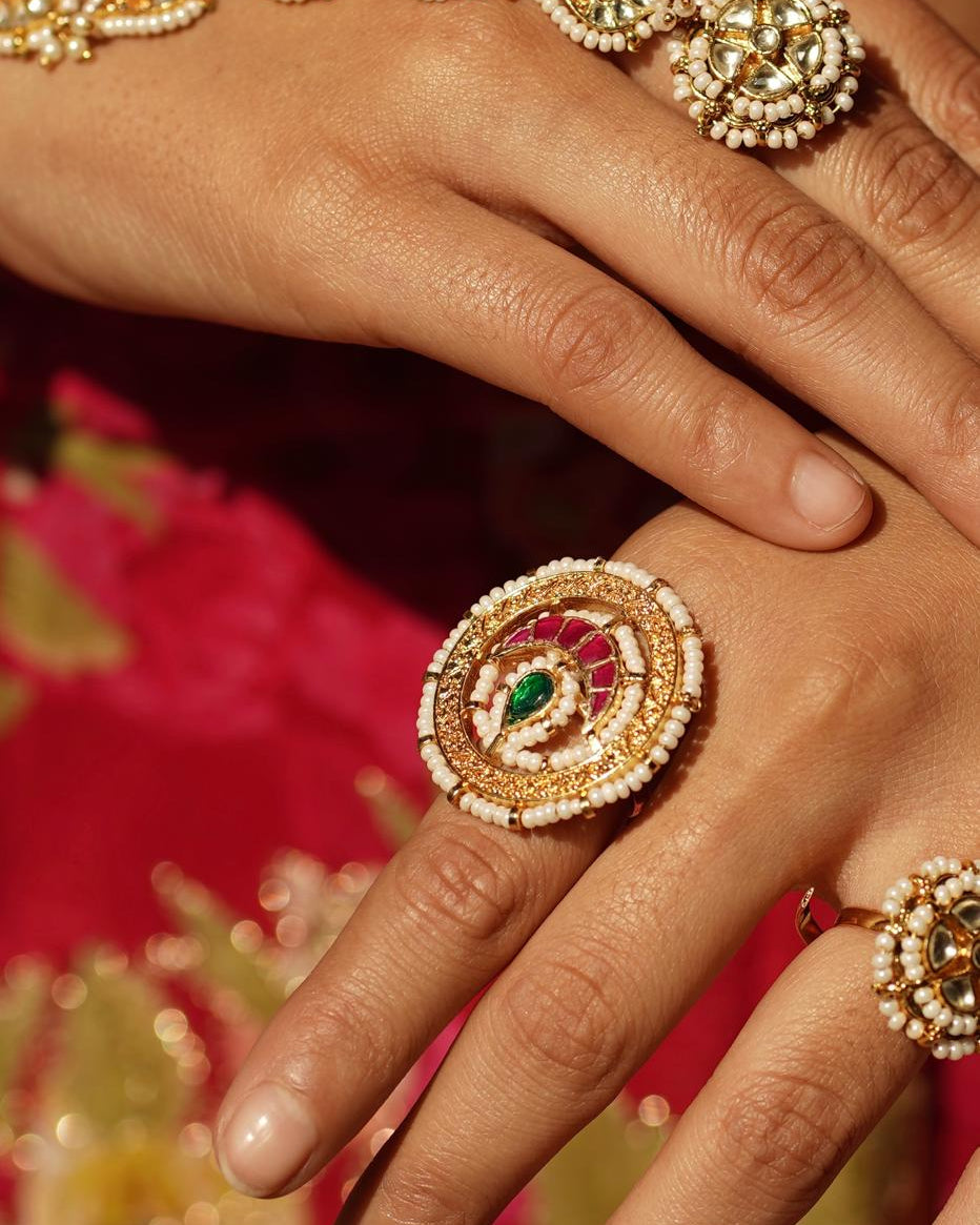 Multicolor Gold Plated Jadau Kundan Ring- R101MC