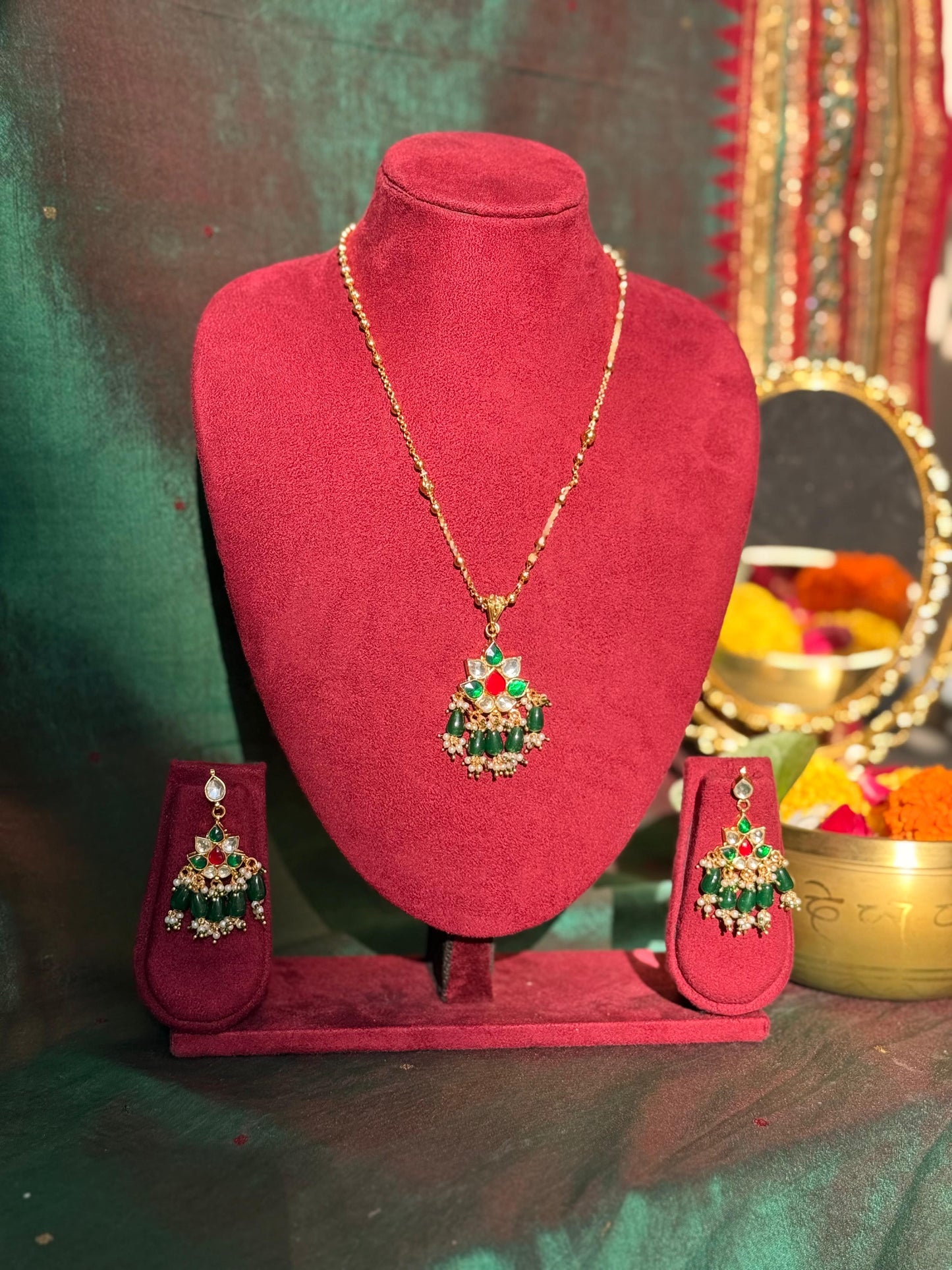 Green Maroon Lotus Necklace Set- SET132GM