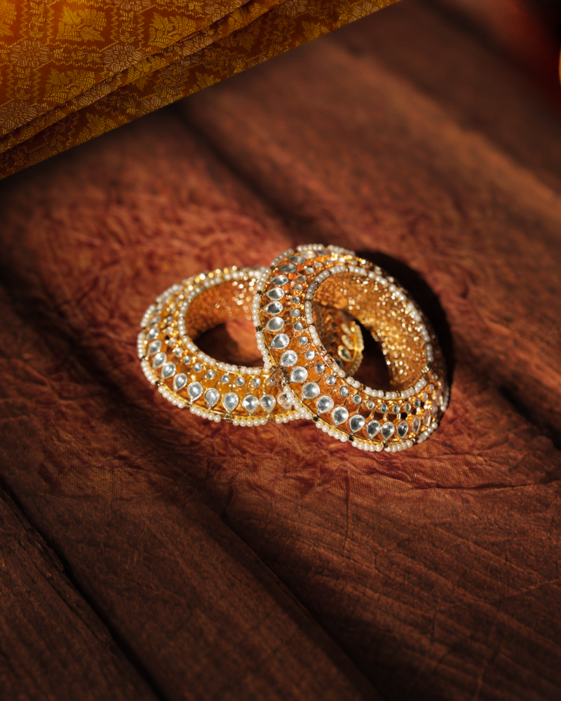 White Color Gold Plated Jadau Kundan Bangles- BAN112W