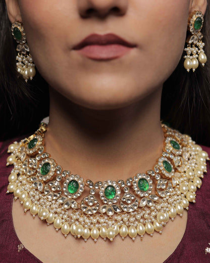 Green color Gold Plated Jadau Kundan Necklace Set - SET109G
