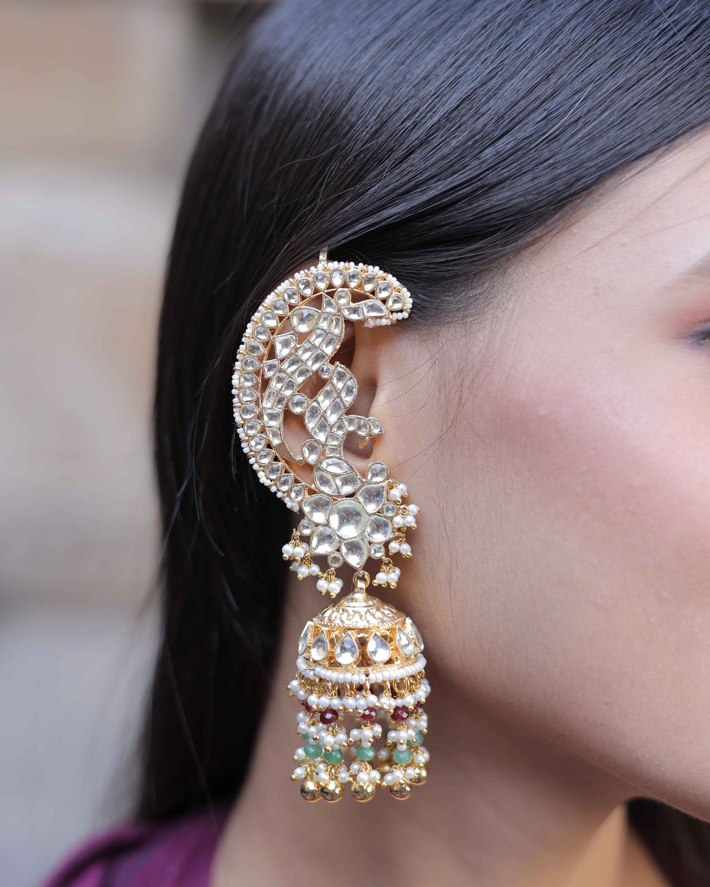 White Color Gold Plated Jadau Kundan Jhumka Earrings - ER103W