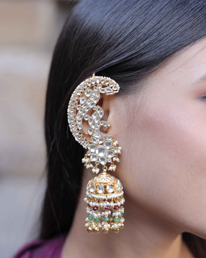 White Color Gold Plated Jadau Kundan Jhumka Earrings - ER103W