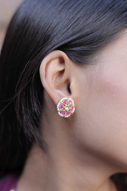 Pink Color Gold Plated Jadau Kundan Jhumka Earrings - ER117P