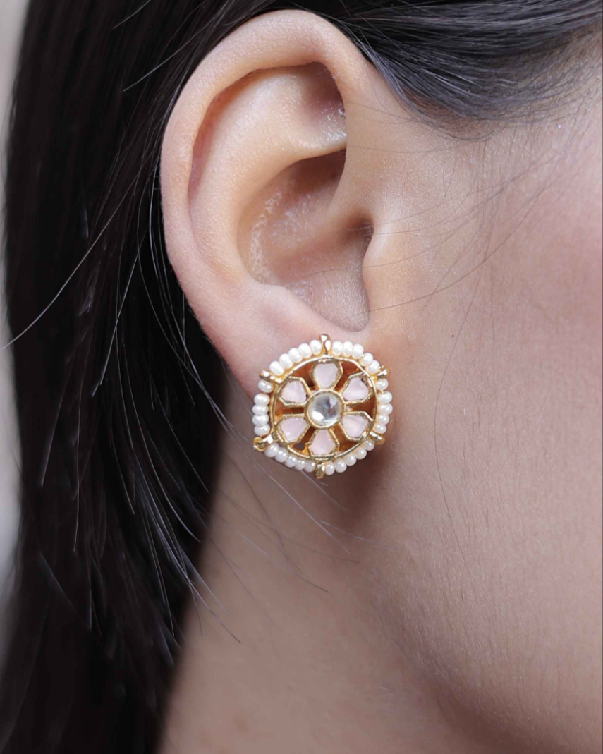Light Pink Color Gold Plated Jadau Kundan Jhumka Earrings - ER116LP