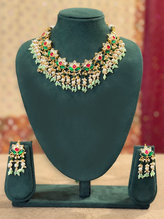 Multicolor Gold Plated Jadau Kundan Necklace Set - SET124MC