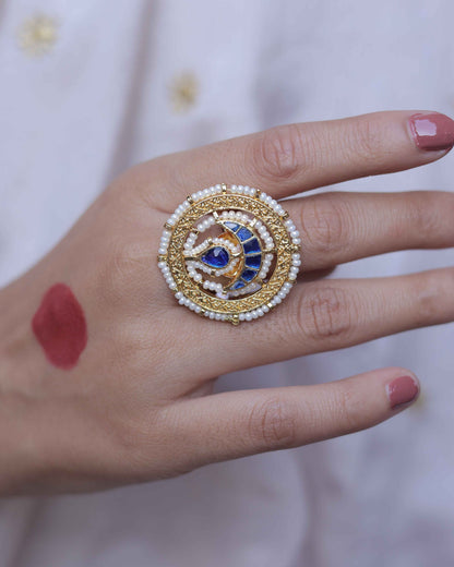 Blue Color Gold Plated Jadau Kundan Ring- R101BL