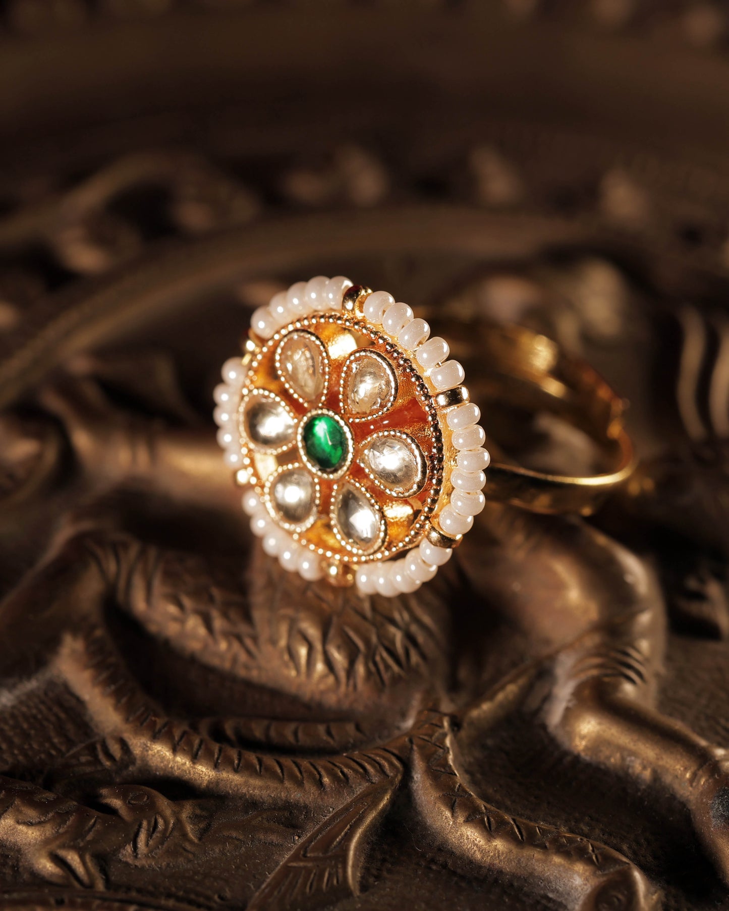 Green and White Color Gold Plated Jadau Kundan Ring- R104WG