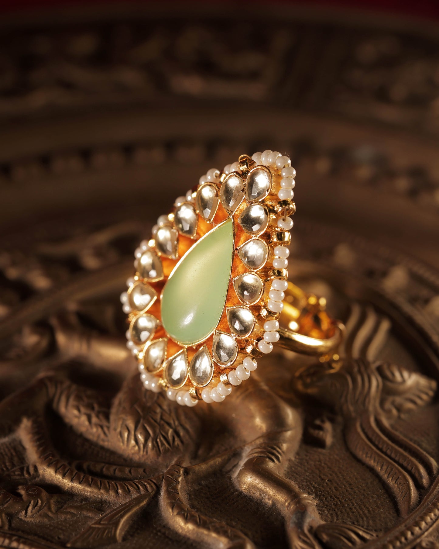 Fluorite Color Gold Plated Jadau Kundan Ring - R119FL