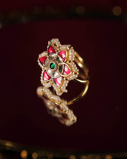 Multi Color Gold Plated Jadau Kundan Ring - R123MC