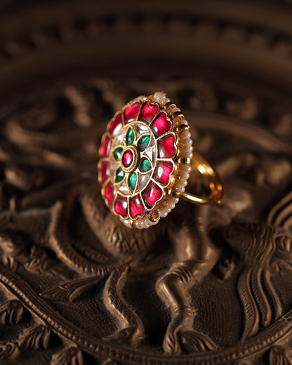 Multi Color Gold Plated Jadau Kundan Ring - R124MC