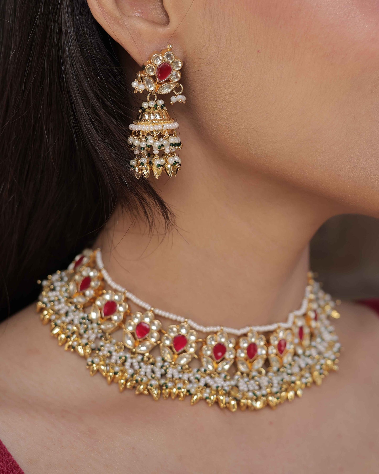 Pink Color Gold Plated Jadau Kundan Necklace Set - SET102P