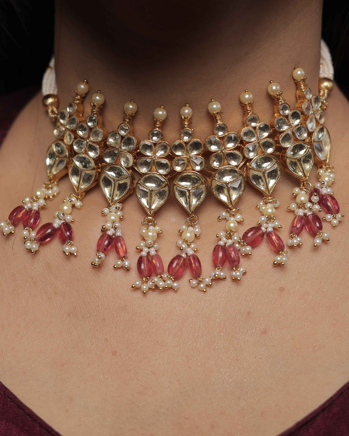 Pink Color Gold Plated Jadau Kundan Necklace Set - SET113P
