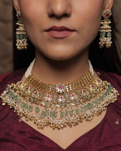 Multicolor Gold Plated Jadau Kundan Necklace Set - SET128MC